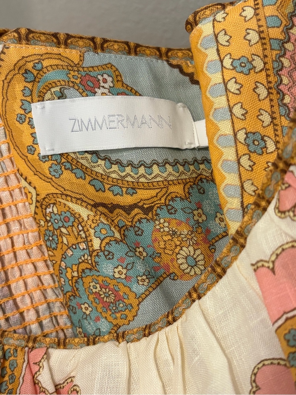 Zimmermann Cotton Paisley Tie-Shoulder Sundress in Pink, Yellow & Light Blue - Picture 3 of 4